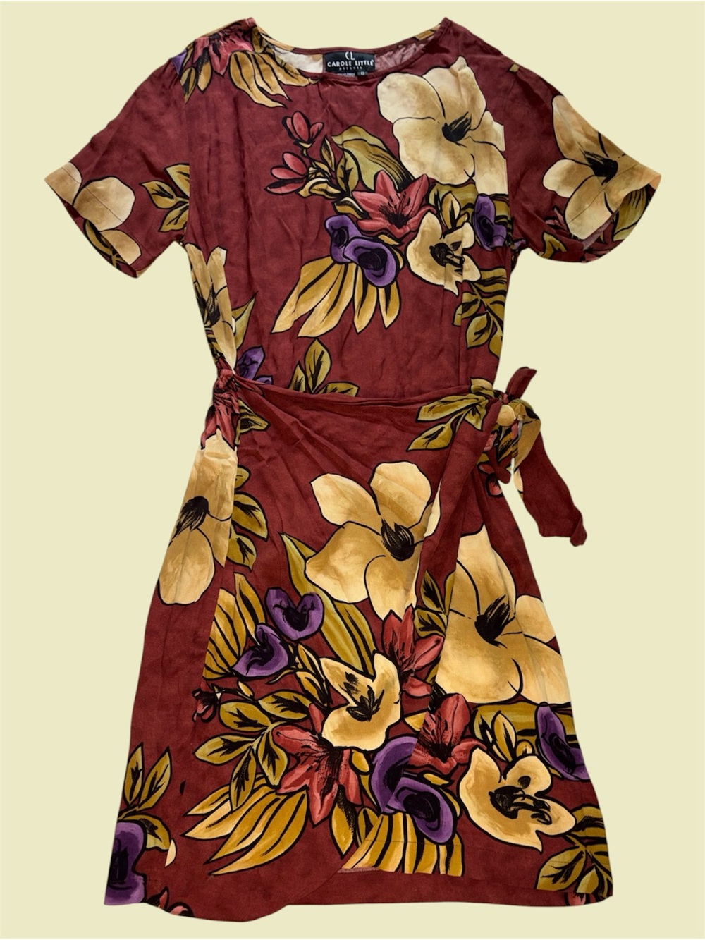 Carole Little Maroon and Yellow Floral Tie Front Midi Wrap Dress